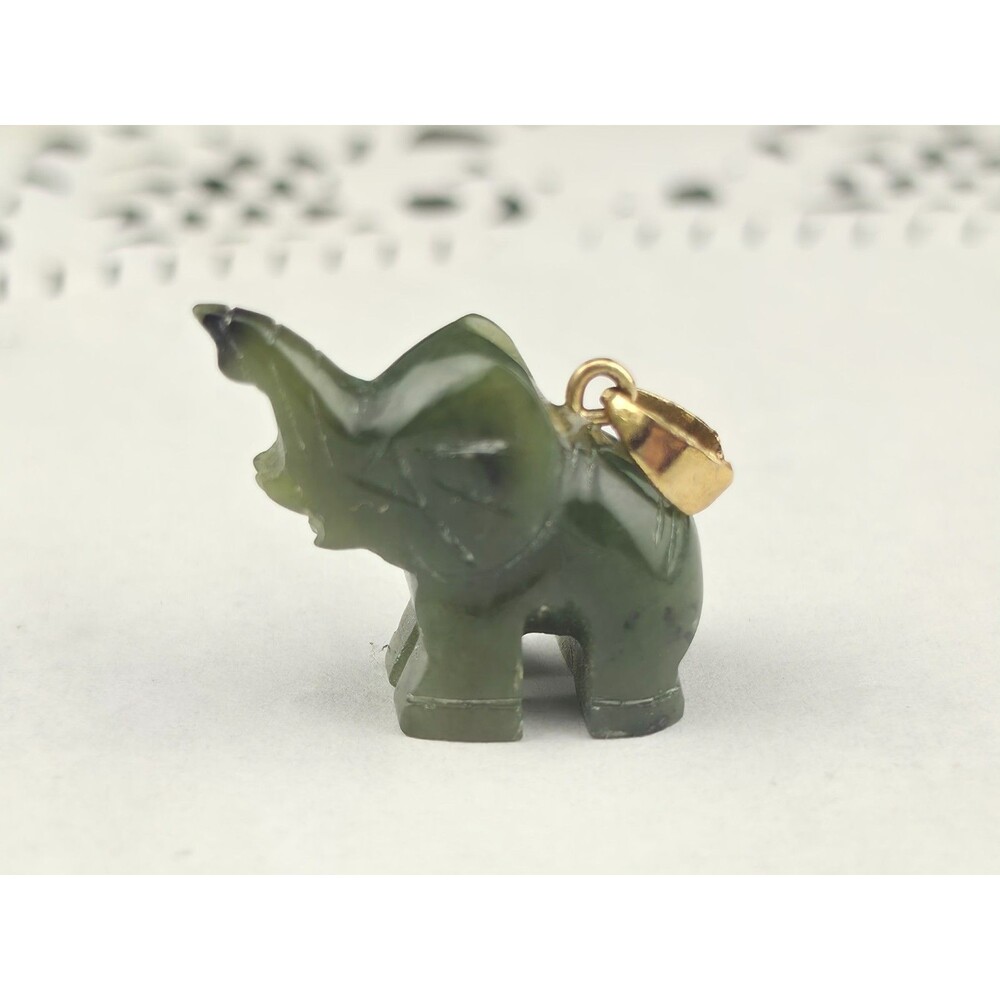 Vintage 28mm Dark Green Nephrite Jade Lucky Elephant Trunk Up Pendant Gold Fill
